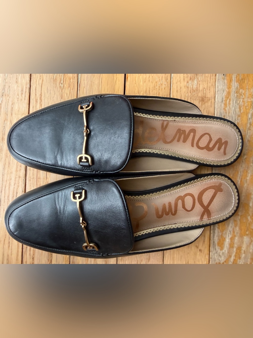 Sam Edelman Black Leather Slip-On Loafers with Gold Horsebit